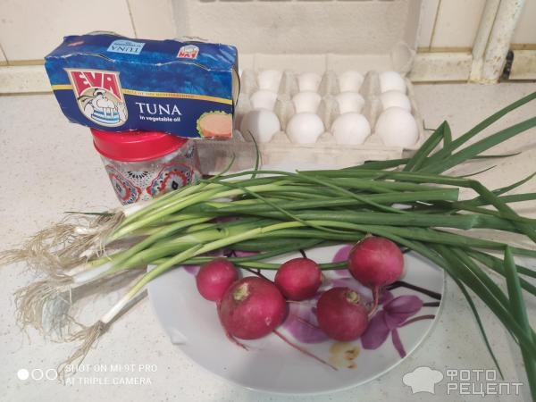 Рецепт: Овощной салат с тунцом — С зеленью и яйцом.